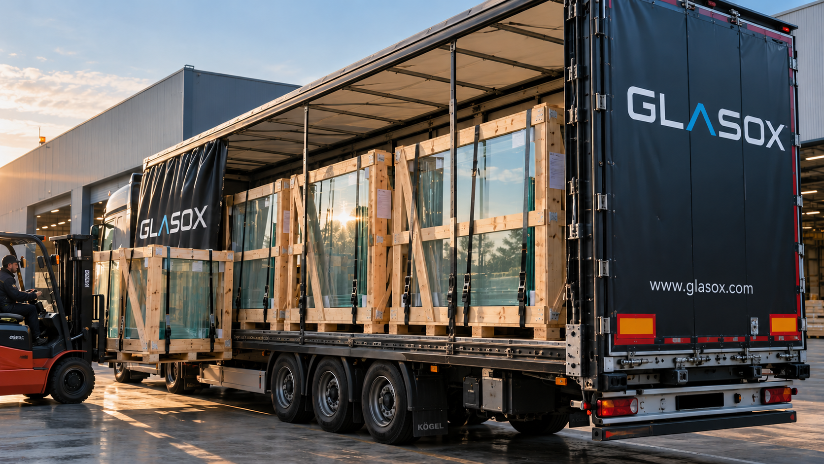 Glasox truck loaded with wooden crates of glass at the warehouse