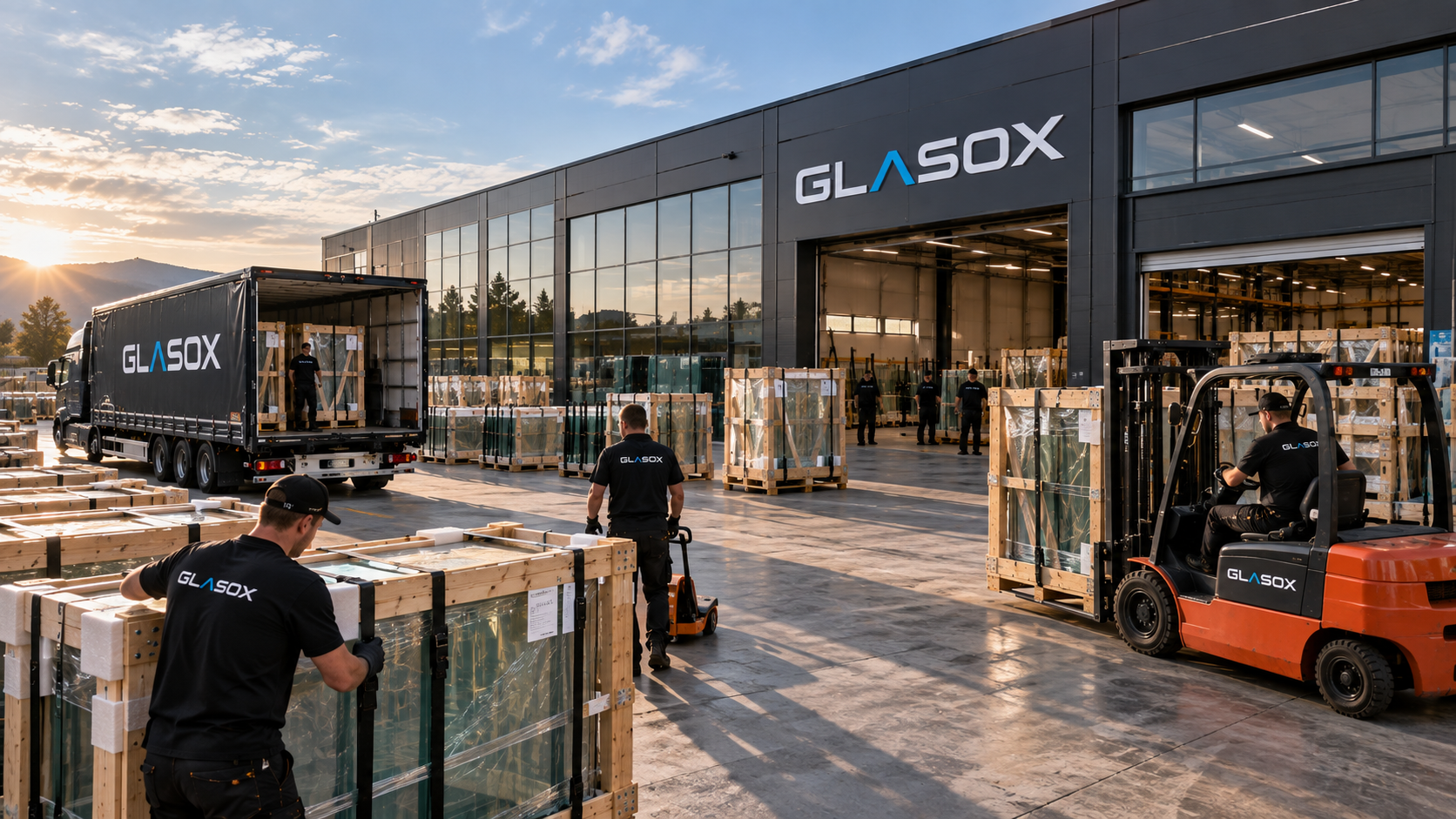 Glasox-magazijn met een geladen vrachtwagen en het team dat glaskisten verwerkt