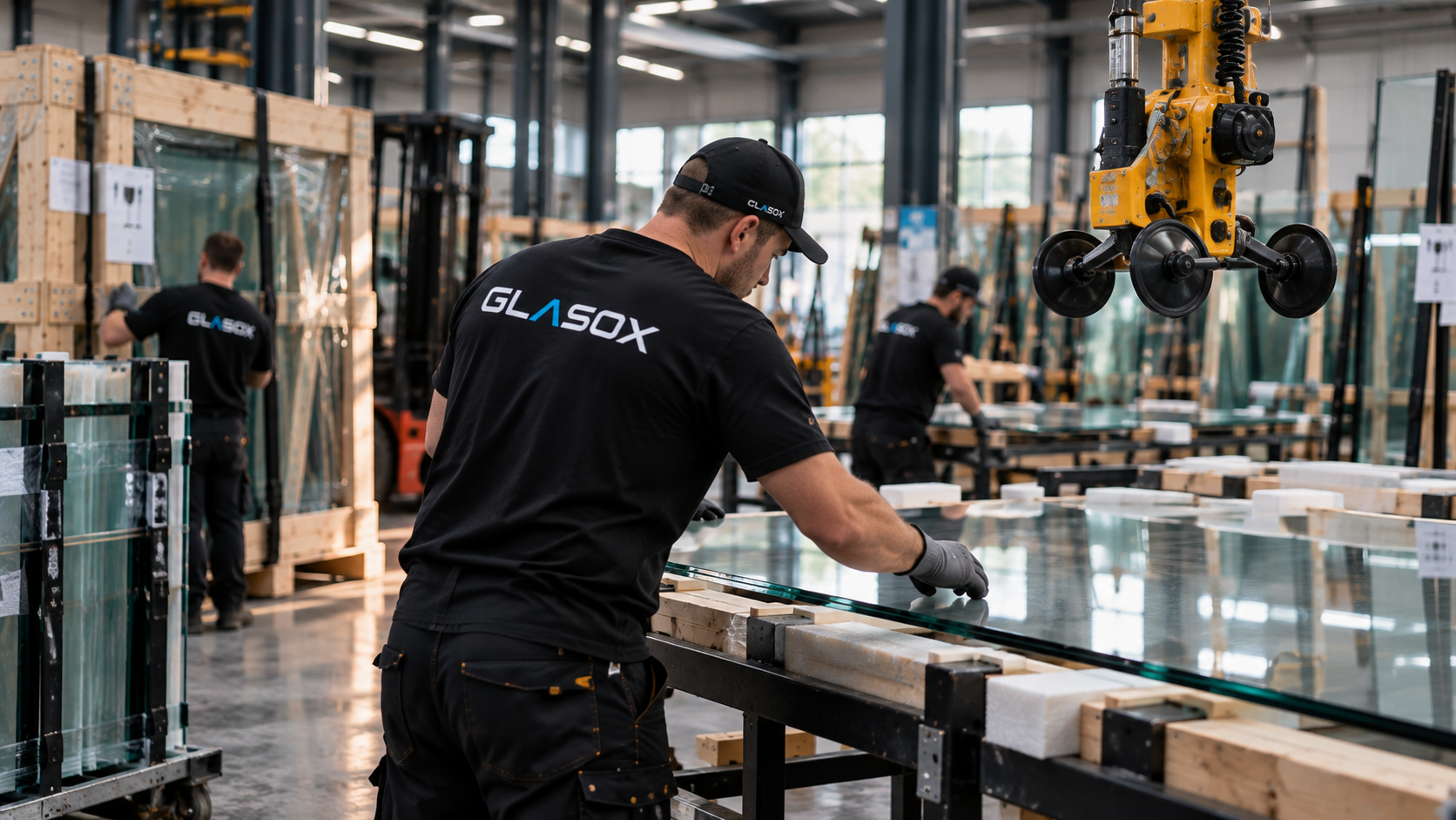 Glasox-team bij het verwerken van glaspanelen in het magazijn