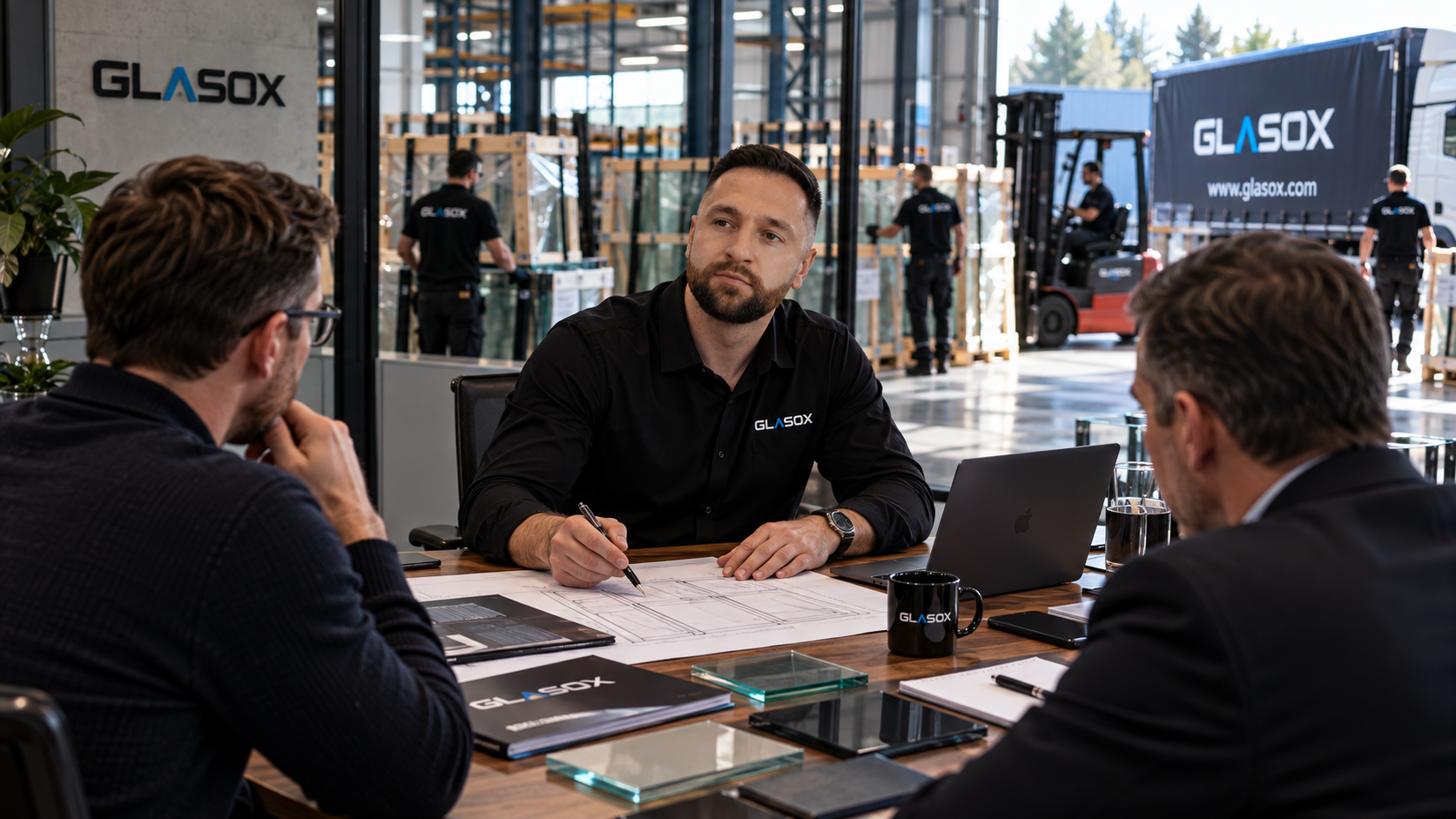 Het Glasox-team bespreekt architectenplannen met klanten aan de vergadertafel in ons magazijnkantoor.
