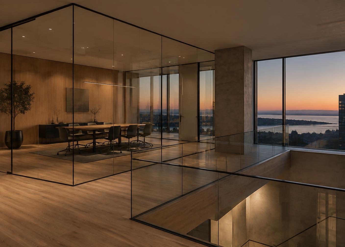 Frameless glass partitions in a modern office interior